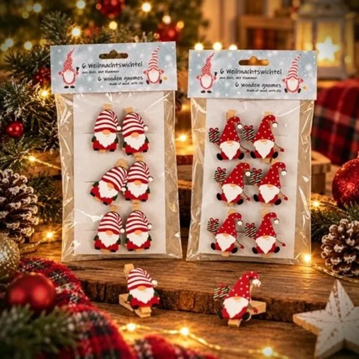 Houten Kerstkabouters met Wasknijper – Set van 6 Stuks