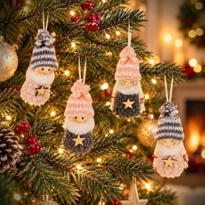 Houten Kerstpoppetjes met Ster – Set van 4 Stuks - 7 cm