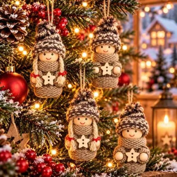 Houten Kerstpoppetjes Beige met Gebreide Muts – Set van 4