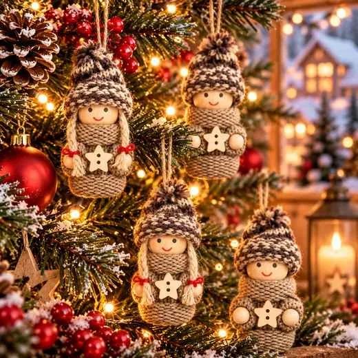 Houten Kerstpoppetjes Beige met Gebreide Muts – Set van 4