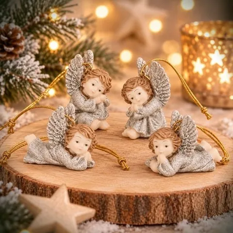 Kerstengeltjes Zittend en Liggend – Set van 4 Stuks, 5 cm