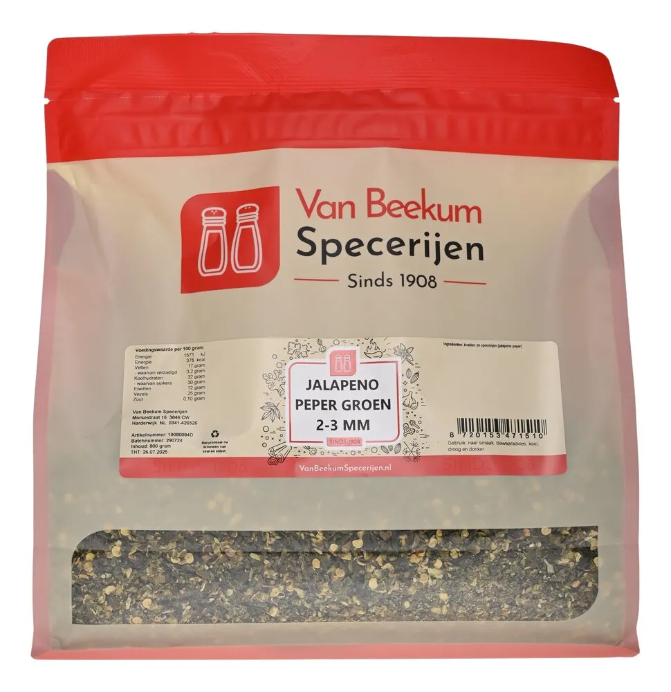 Van Beekum Specerijen Jalapeno Peper Groen 2-3 mm Van Beekum Specerijen Jalapeno Peper Groen 2-3 mm