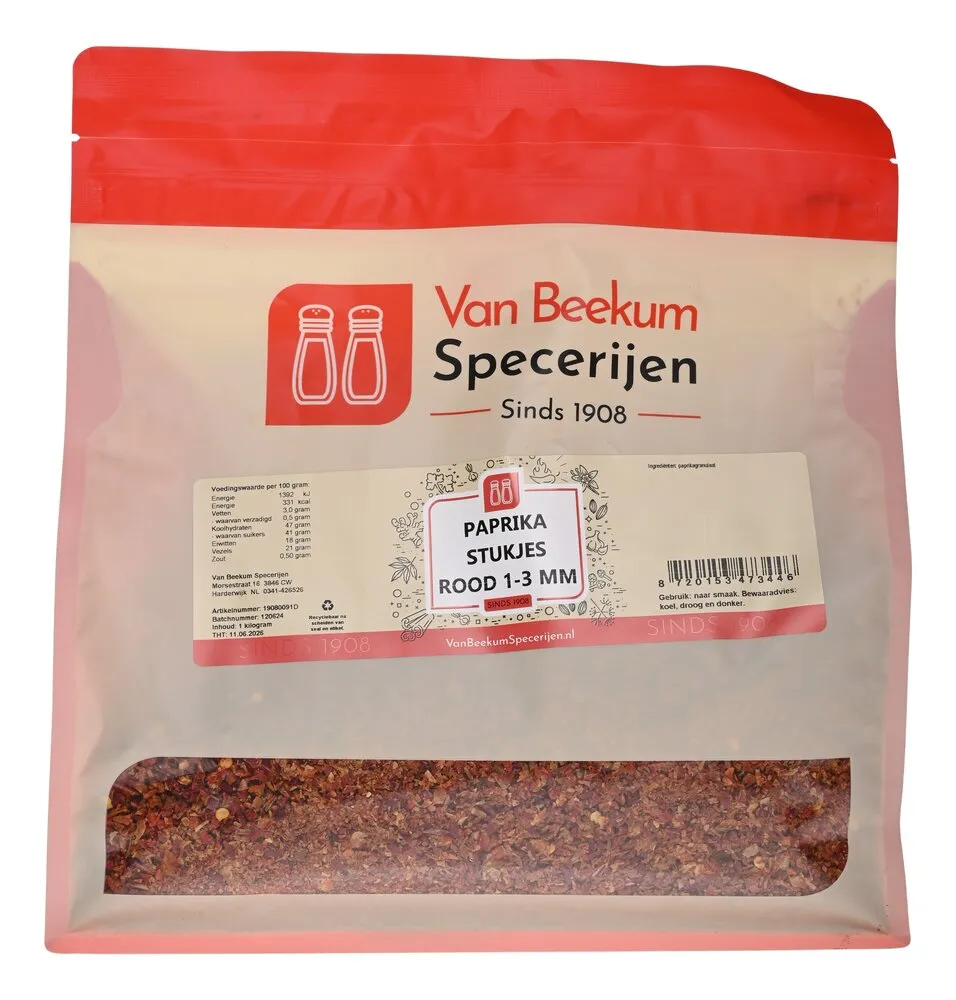 Van Beekum Specerijen Paprika Stukjes Rood 1-3 mm Van Beekum Specerijen Paprika Stukjes Rood 1-3 mm
