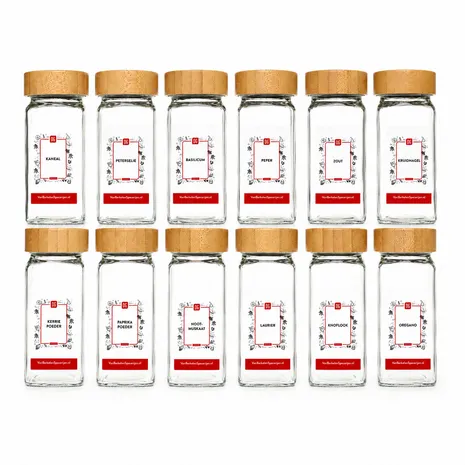 Van Beekum Specerijen Glazen Kruidenpotjes Met Stickers – 12 Stuks