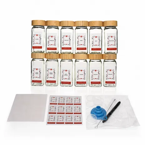 Van Beekum Specerijen Glazen Kruidenpotjes Met Stickers – 12 Stuks Van Beekum Specerijen Glazen Kruidenpotjes Met Stickers – 12 Stuks