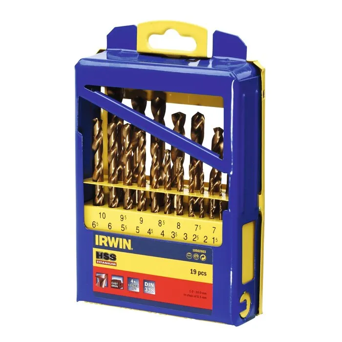 Irwin  IRWIN HSS Metaalboren 135° Titanium, 19PCS Set in metalen koffer: 1,0 - 10,0 mm