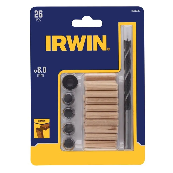 Irwin DeuvelSet 26PCS, 20 deuvels 8mm, houtboor 8mm, 4 centreerpunten, 1 dieptestop