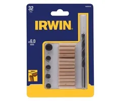 Irwin DeuvelSet 32PCS, 26 deuvels 6mm, houtboor 6mm, 4 centreerpunten, 1 dieptestop