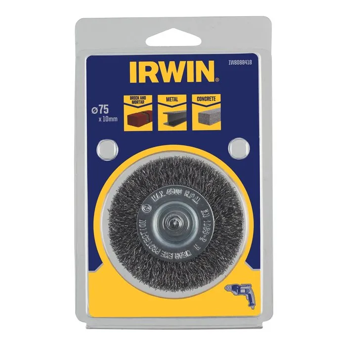 Irwin IRWIN Staaldraadborstel (boormachine) voor steen, beton, staal, diameter 75mm, dikte 10mm.