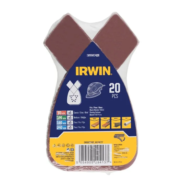 Irwin IRWIN Set Schuurstroken BLACK+DECKER Mouse 20PCS, klittenband, 5x K80, 5x K120, 5x K180 en 5x K240.
