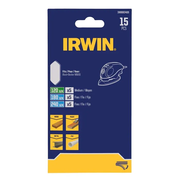 Irwin IRWIN Set schuurvingers BLACK+DECKER Mouse, 15PCS, klittenband, 5x K120, 5x K180 en 5x K240