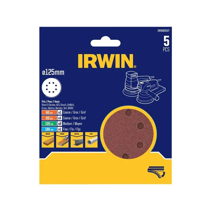 Irwin IRWIN Set Schuurschijven 5PCS excentrisch diameter 150mm met klittenband, 1x K60, 1x K80, 2x K120 en 1x K180.