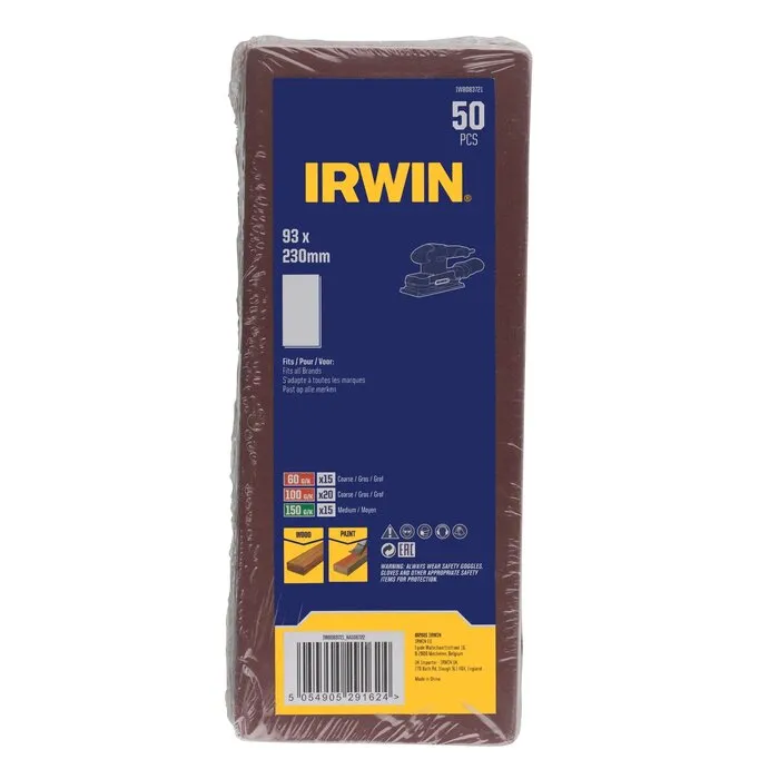 Irwin IRWIN Schuurstroken 1/3 vlakschuur 50 STUKS (alle merken) met klem, geen perfo, 230x93mm, 15x K60, 15x K100 en 20x K150.