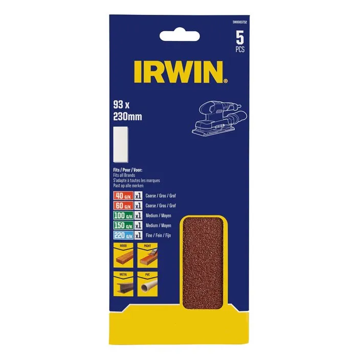 Irwin IRWIN Set Schuurstroken 1/3 5PCS (alle merken) met klem, geen perfo, 230x93mm, K40, K60, K100, K150 en K220.
