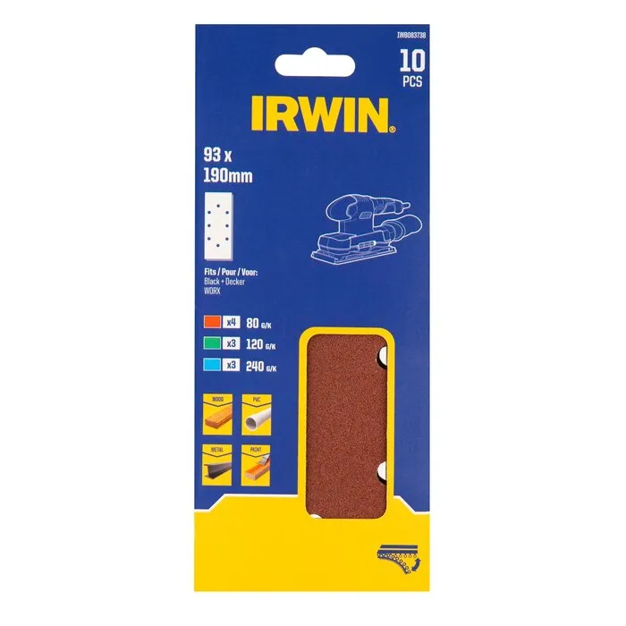 Irwin IRWIN Set Schuurstroken 1/3 10PCS (BLACK+DECKER) met klittenband, 190x93mm, 4x K80, 3x K120, 3x K240
