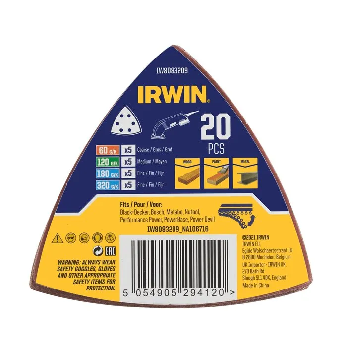 Irwin IRWIN Set Schuurstoken Delta 20PCS 93x93mm, met klittenband, Assorti