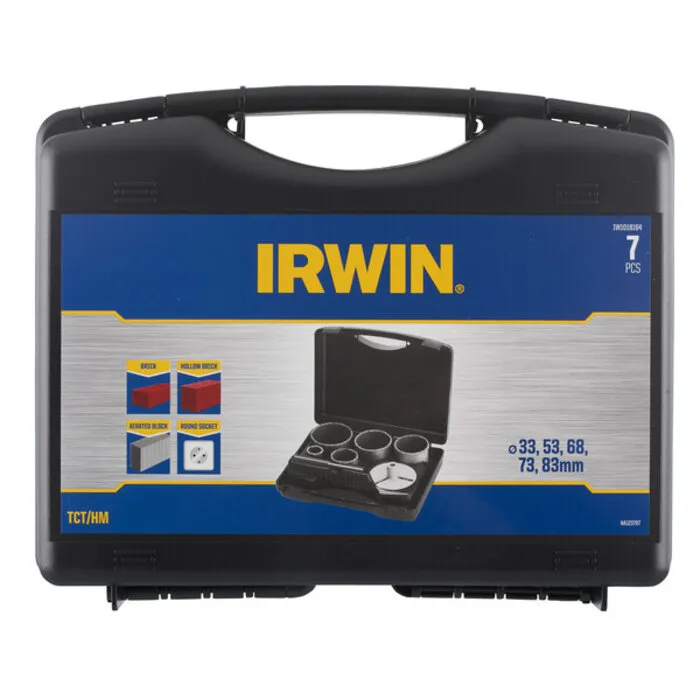 Irwin IRWIN Set TCT gatenzagen 5PCS voor steen in koffer, 33, 53, 68 ,73 en 83mm. Diepte 83mm. Inclusief adaptor