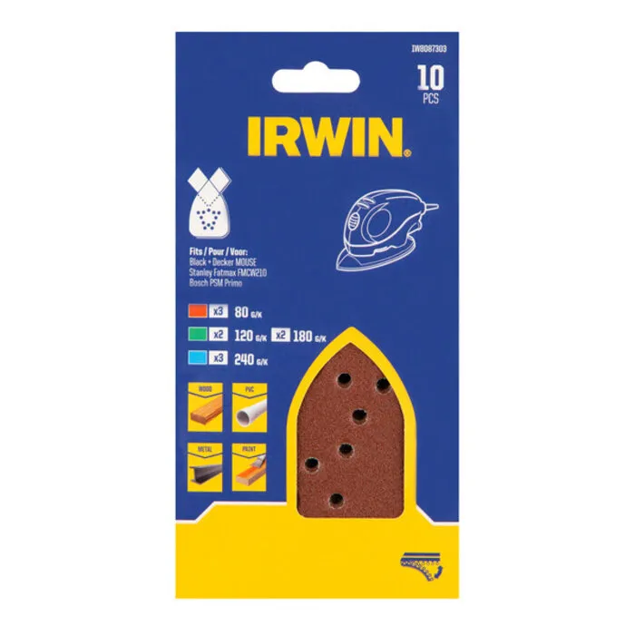 Irwin IRWIN Set Schuurstroken BLACK+DECKER Mouse 10PCS, klittenband, 3x K80, 2x K120, 2x K180, 3x K240