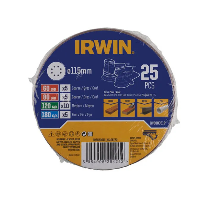 Irwin IRWIN Set Schuurschijven 25PCS excentrisch diameter 115mm met klittenband, 5x K60, 5x K80, 10x K120 en 5x K180.