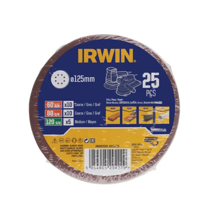 Irwin IRWIN Set Schuurschijven 25PCS excentrisch diameter 125mm met klittenband, 10x K60, 10x K80 en 5x K120.