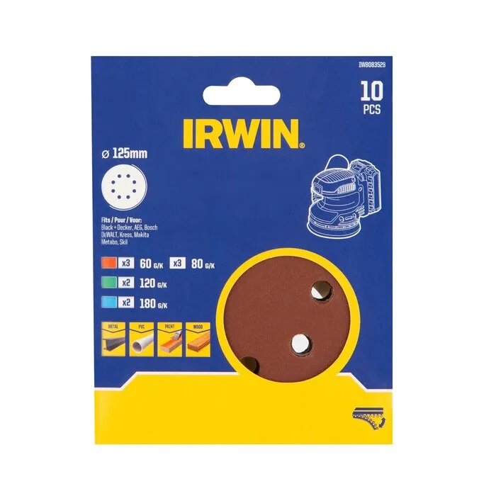 Irwin IRWIN Set Schuurschijven 10PCS excentrisch diameter 125mm, 3x K60, 3x K80, 2x K120, 2x K180