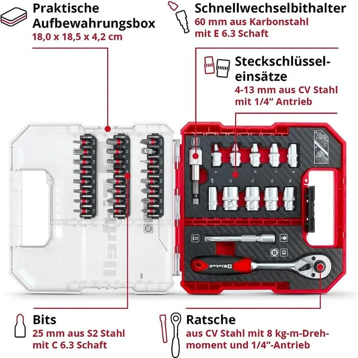 Einhell Gereedschap Einhell Dop & Bitsetset 37-Delig L-Case