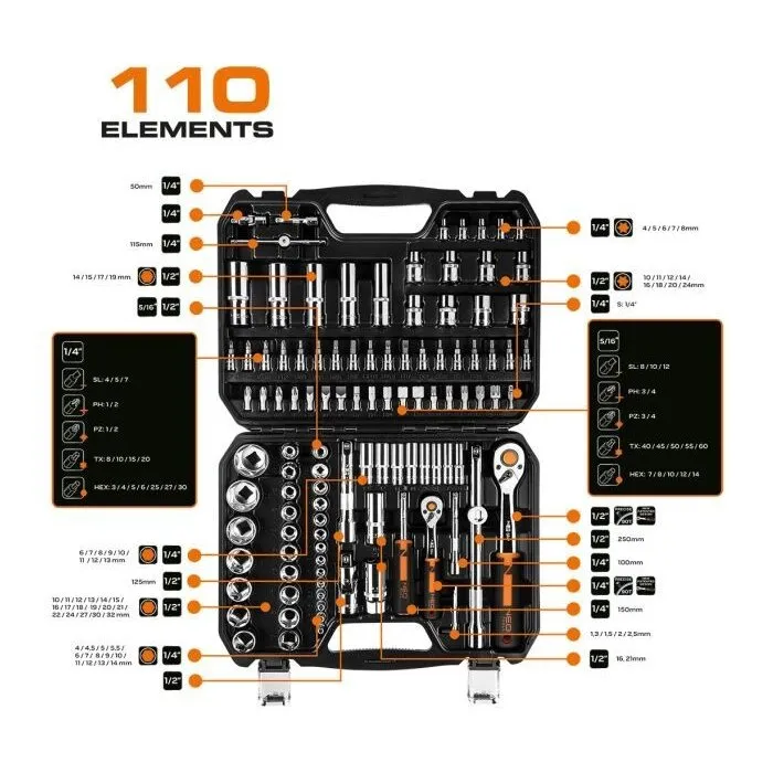 NEO NEO Doppenset 1/4"-1/2" 110 Delig 10-066