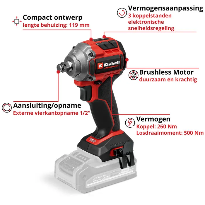 Einhell Gereedschap Einhell TP-CW 18/260-C Li BL Solo – Accu Slagmoersleutel (PXC) – 260 Nm