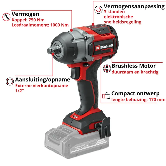 Einhell Gereedschap Einhell TP-CW 18/750-C Li BL Solo Accu Slagmoersleutel PXC