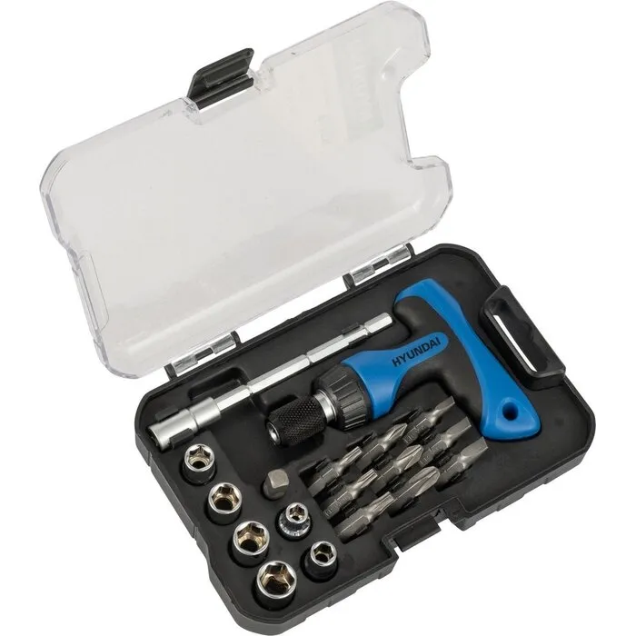 Hyundai HYUNDAI dop- en bitsset 18-delig - ratelschroevendraaier met verlengstuk - universele houder
