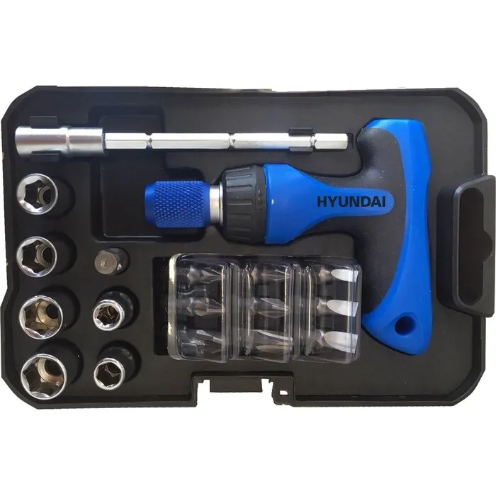 Hyundai HYUNDAI dop- en bitsset 18-delig - ratelschroevendraaier met verlengstuk - universele houder