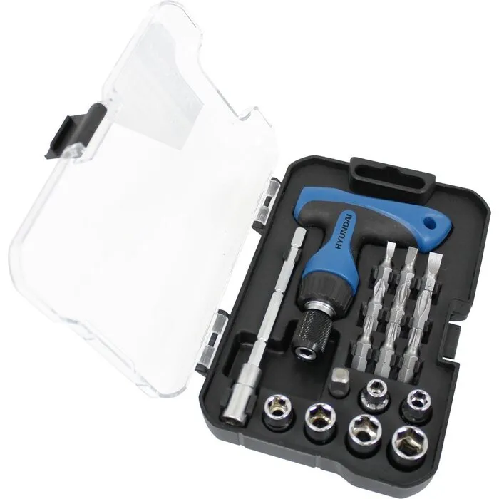 Hyundai HYUNDAI dop- en bitsset 18-delig - ratelschroevendraaier met verlengstuk - universele houder