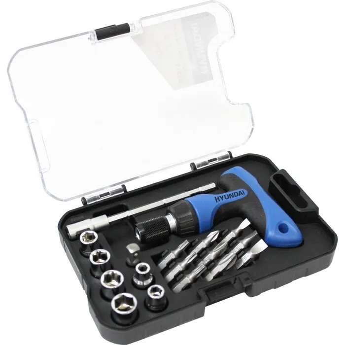 Hyundai HYUNDAI dop- en bitsset 18-delig - ratelschroevendraaier met verlengstuk - universele houder