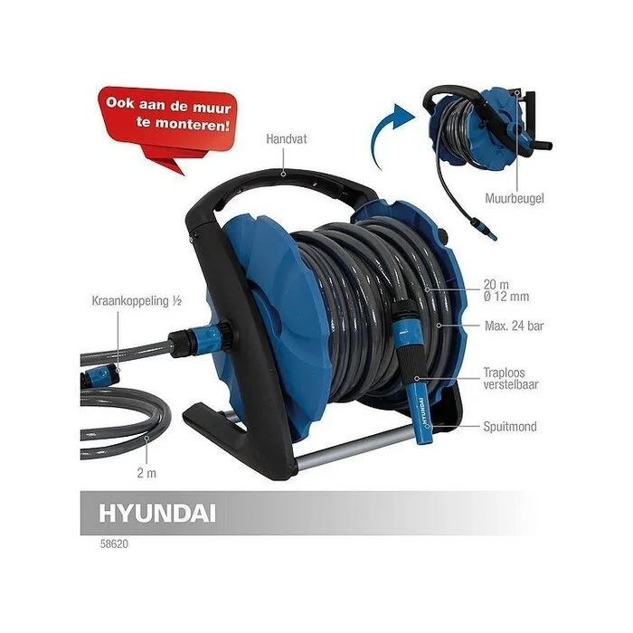 Hyundai Hyundai slanghaspel 20 meter 12 mm - Inclusief muurbevestiging