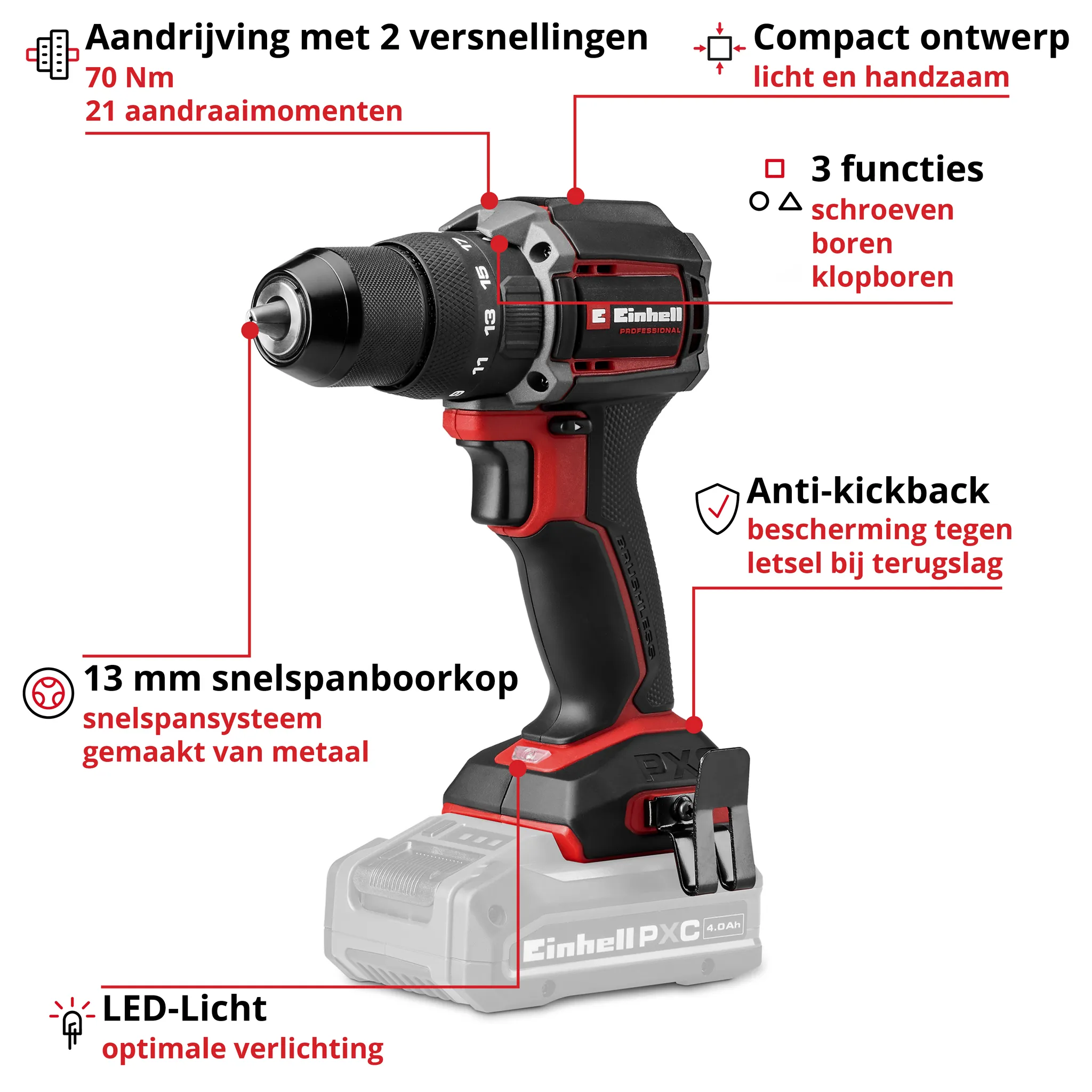 Einhell Gereedschap TP-CD 18/70-C Li-i BL Solo - PROFESSIONAL Accu Klopboor-/Schroefmachine - Power X-Change