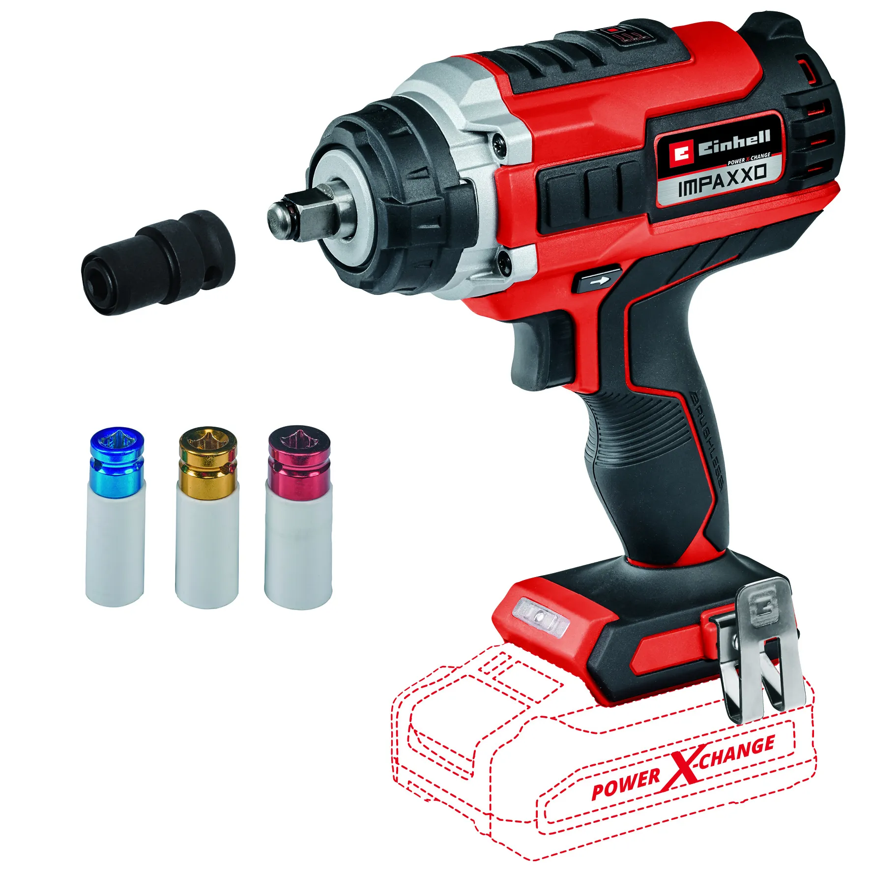 Einhell Gereedschap Einhell IMPAXXO 18/450 BL Solo – Accu Slagmoersleutel – 400Nm – Brushless – 3 Snelheden – LED – Incl. Bitadapter & Moerset