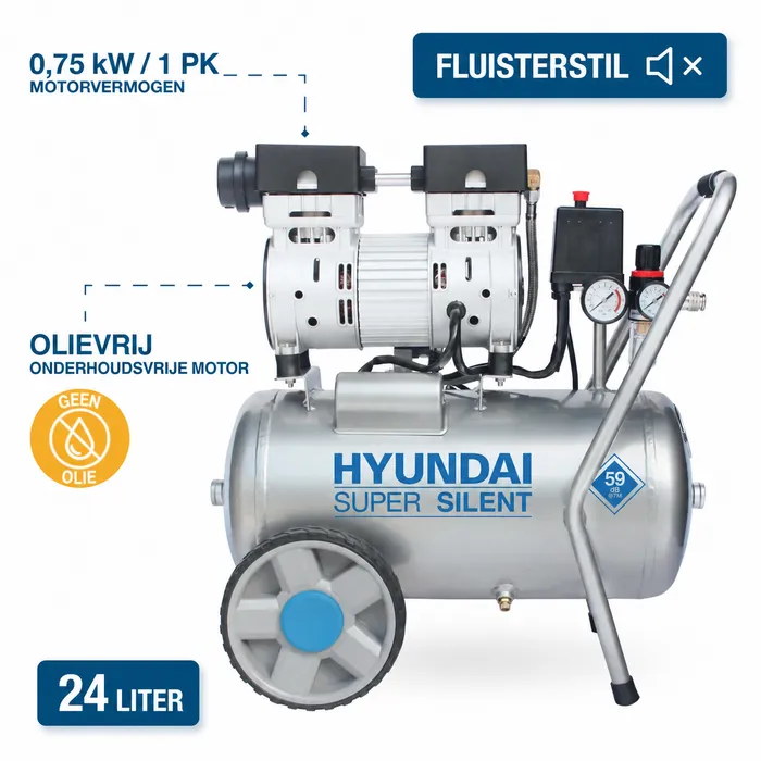 Hyundai Hyundai 750 Watt Silent Compressor 24 Liter – 8 Bar, Olievrij en 59 dB(A) | SAC55752
