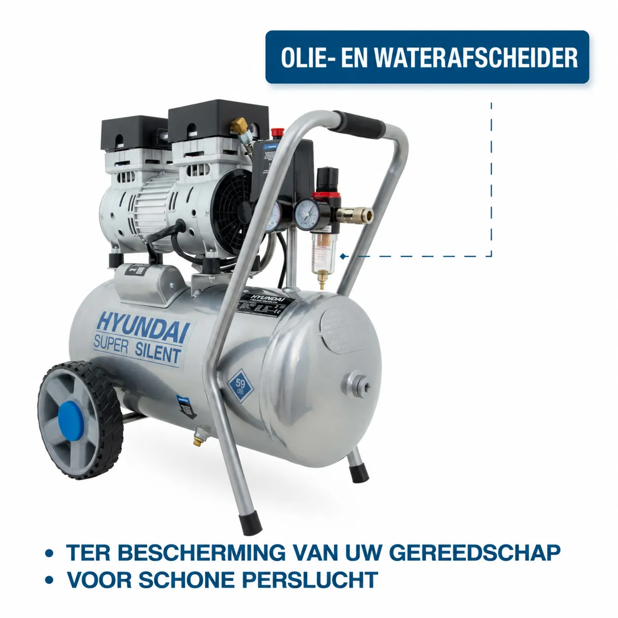 Hyundai Hyundai 750 Watt Silent Compressor 24 Liter – 8 Bar, Olievrij en 59 dB(A) | SAC55752
