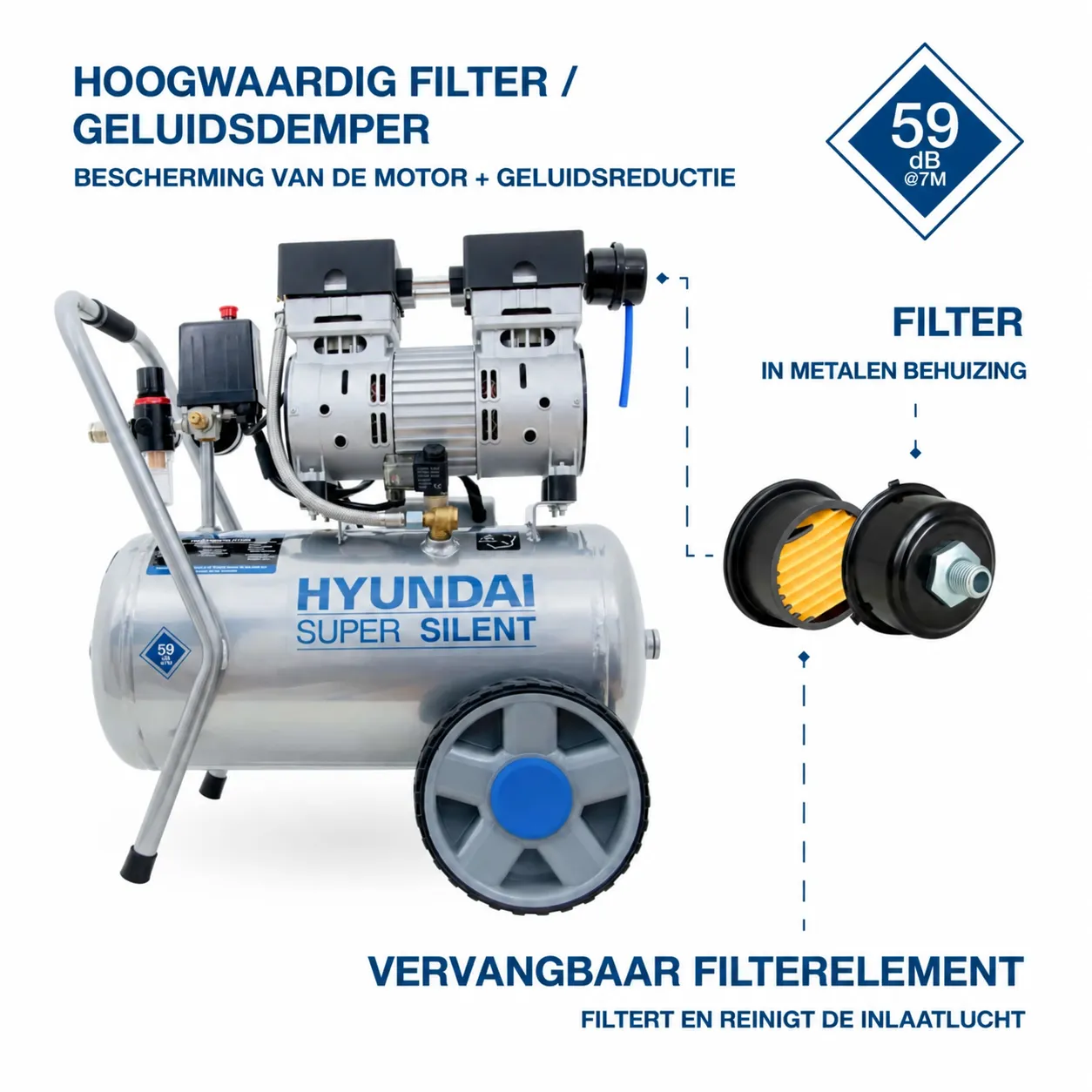 Hyundai Hyundai 750 Watt Silent Compressor 24 Liter – 8 Bar, Olievrij en 59 dB(A) | SAC55752