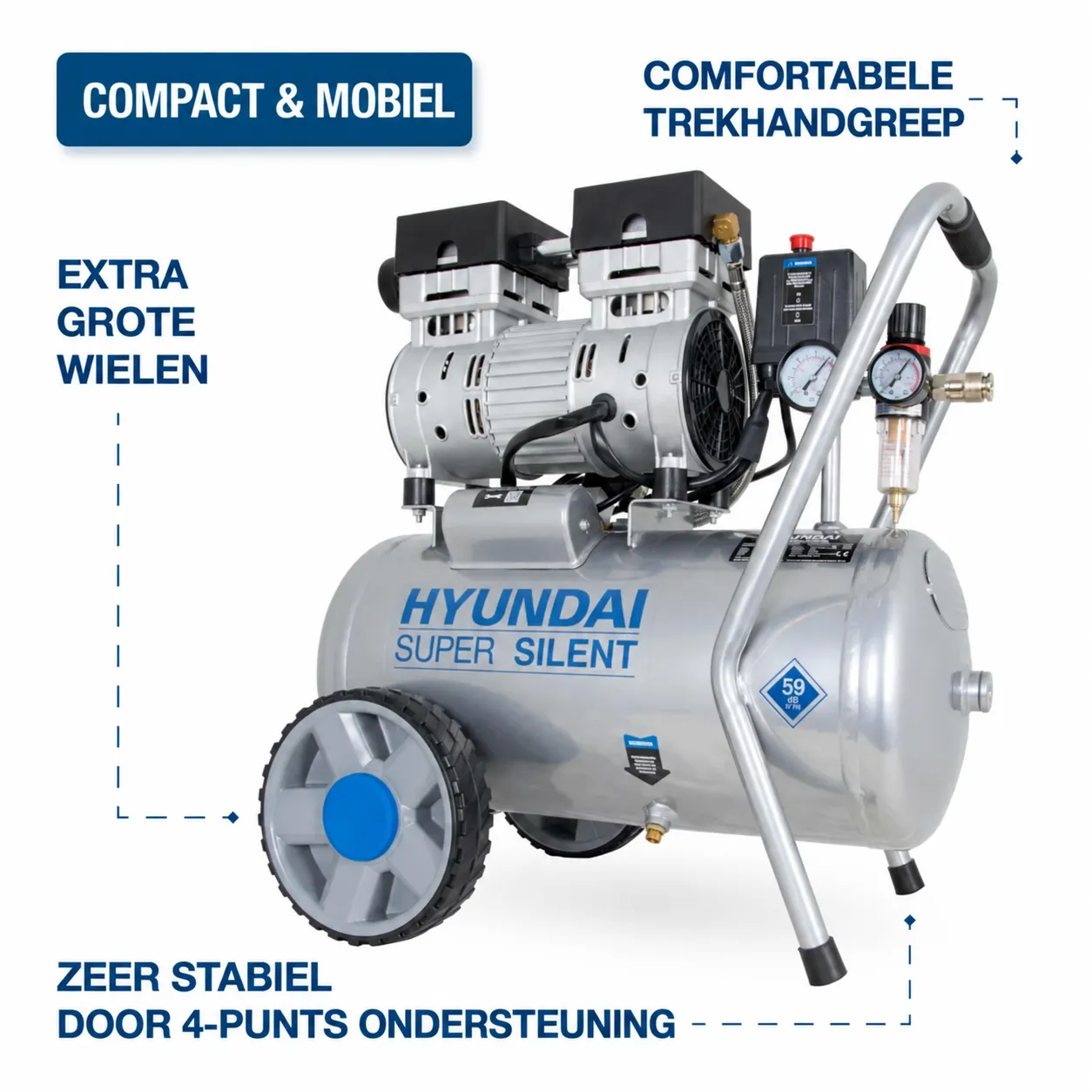 Hyundai Hyundai 750 Watt Silent Compressor 24 Liter – 8 Bar, Olievrij en 59 dB(A) | SAC55752