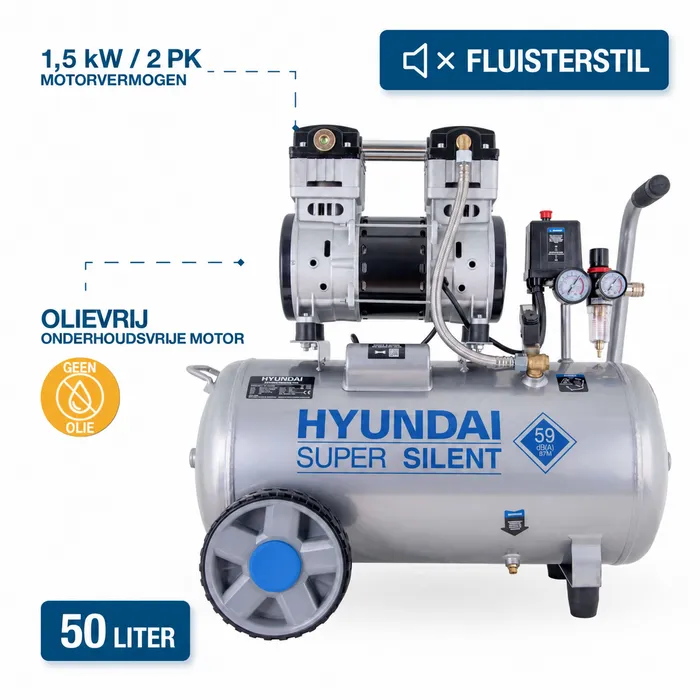 Hyundai Hyundai 50 Liter Stille Compressor – 8 Bar, 232 l/min en Olievrij | SAC55753