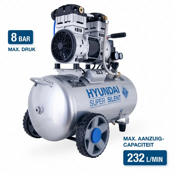 Hyundai Hyundai 50 Liter Stille Compressor – 8 Bar, 232 l/min en Olievrij | SAC55753
