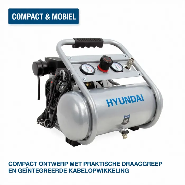 Hyundai Hyundai 750 W Silent Compressor met 8 Liter Tank – 9 Bar, Olievrij en 49 dB(A) | SAC75008