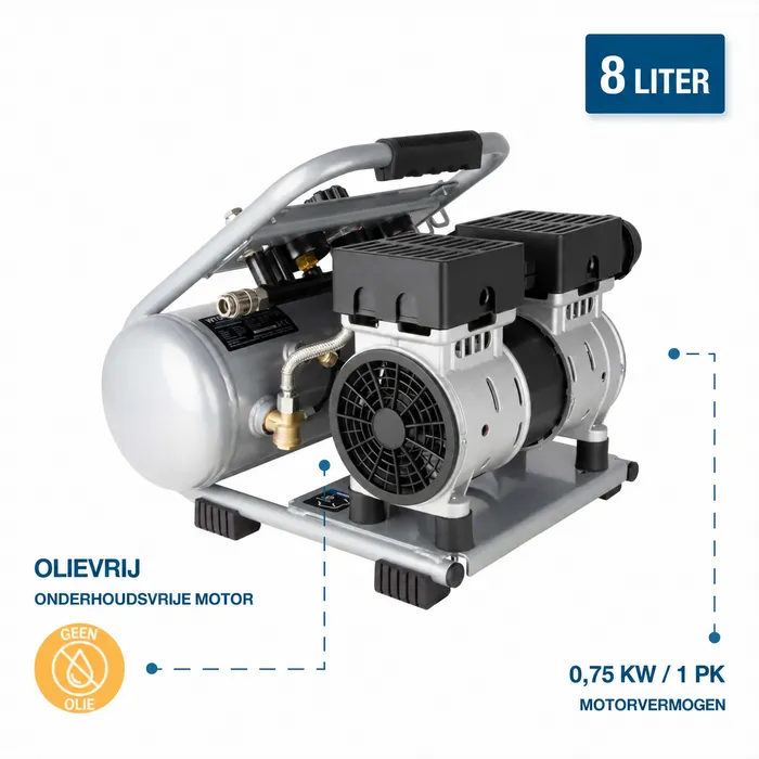 Hyundai Hyundai 750 W Silent Compressor met 8 Liter Tank – 9 Bar, Olievrij en 49 dB(A) | SAC75008
