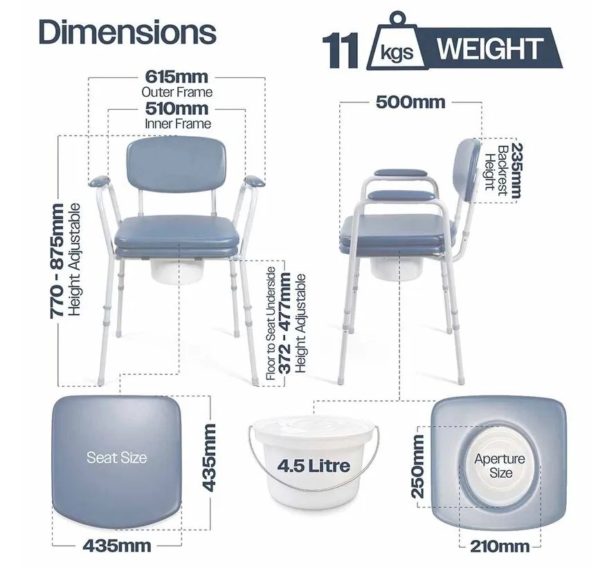 Toiletstoel met Emmer en Deksel – In Hoogte Verstelbaar