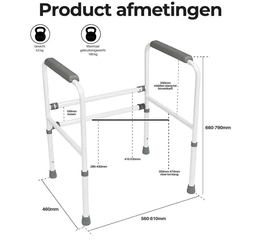 Toiletframe in hoogte en breedte verstelbaar