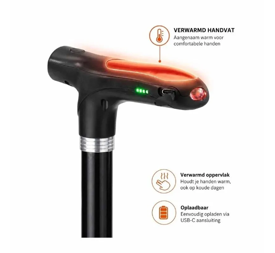 Wandelstok met verwarmd handvat en ledlampje