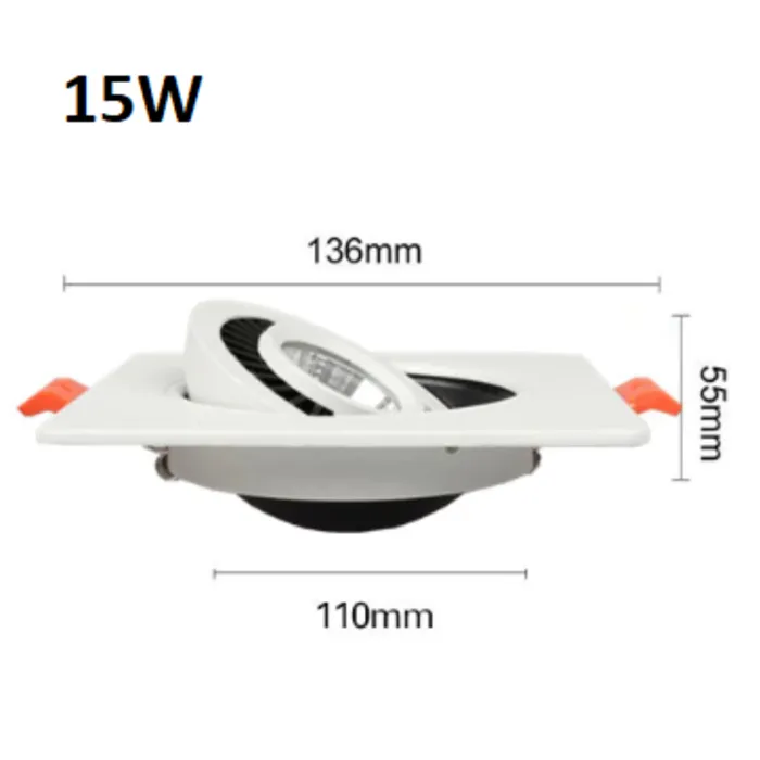 Vierkante inbouwspot wit of zwart 15W LED zaagmaat 110mm