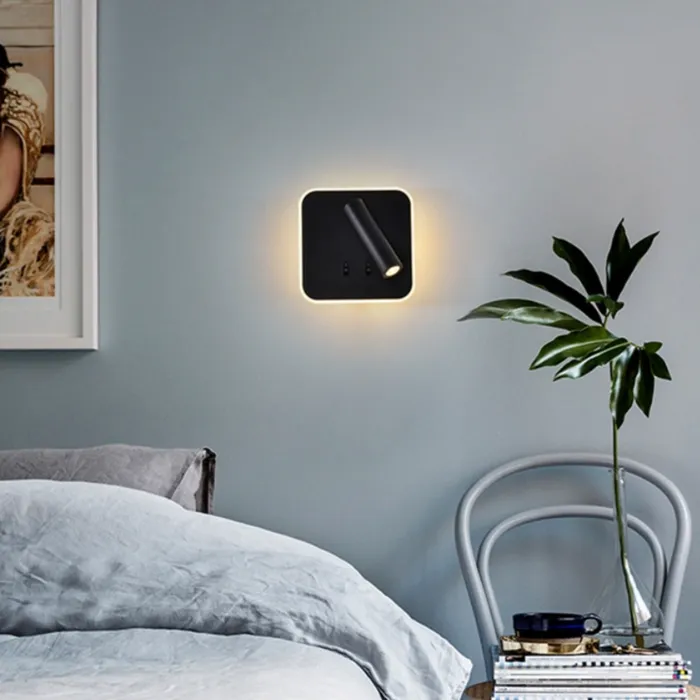 Leeslamp muur vierkant wit of zwart 3W + 10W rondom
