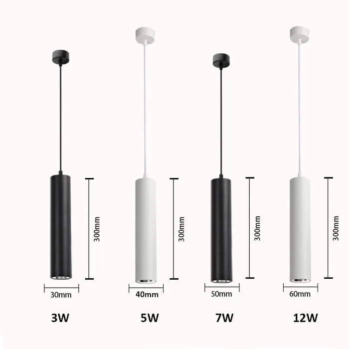 Hanglamp cilinder zwart of wit 7W 20 of 30cm